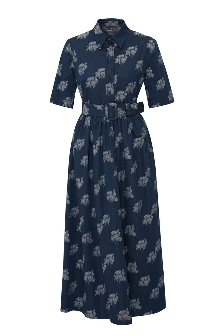 Exquise-Kemer Detaylı Desenli Pamuklu Regular Midi Elbise-ELBİSE-6-Milagron.com