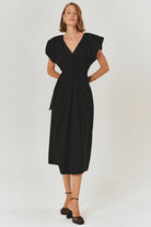 Exquise-Kemer Detaylı V Yaka Pamuklu Siyah Regular Midi Elbise-Elbise-2-Milagron.com