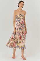 Exquise-Kemer Detaylı çiçek Desenli Straplez Midi Elbise-ELBİSE-1-Milagron.com