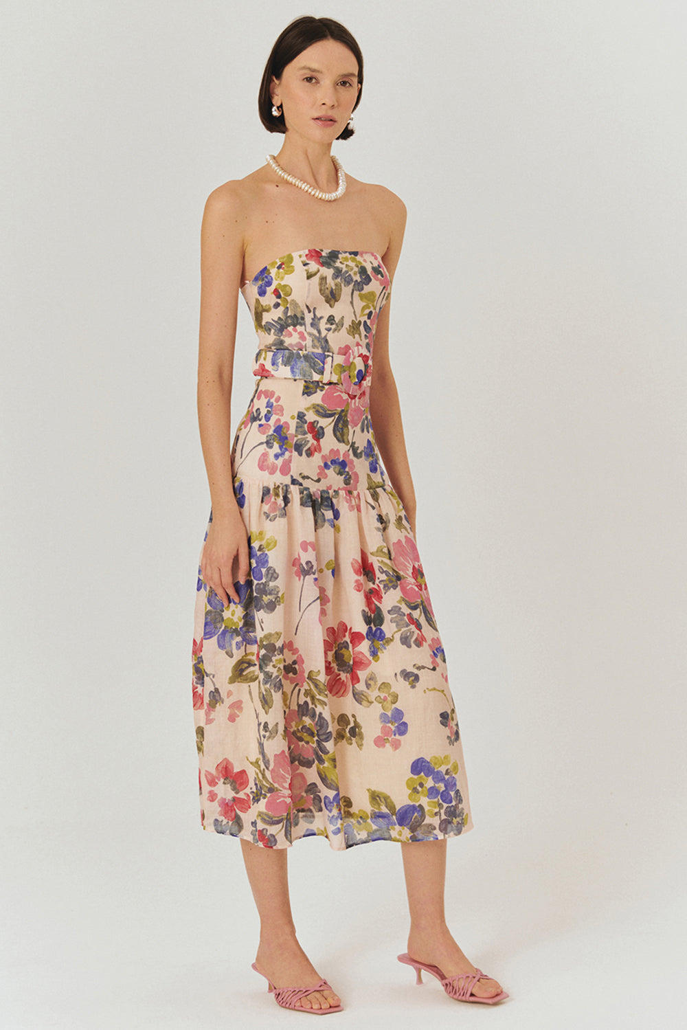 Exquise-Kemer Detaylı çiçek Desenli Straplez Midi Elbise-ELBİSE-2-Milagron.com