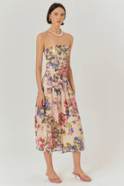 Exquise-Kemer Detaylı çiçek Desenli Straplez Midi Elbise-ELBİSE-2-Milagron.com