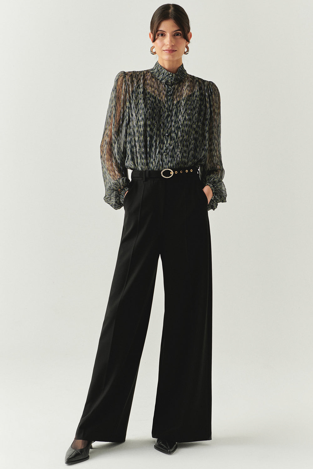 Exquise-Kemerli Geniş Paça Cepli Regular Siyah Pantolon-PANTOLON-3-Milagron.com