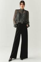 Exquise-Kemerli Geniş Paça Cepli Regular Siyah Pantolon-PANTOLON-3-Milagron.com