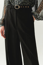 Exquise-Kemerli Geniş Paça Cepli Regular Siyah Pantolon-PANTOLON-6-Milagron.com