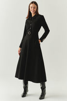 Exquise-Kemerli Gömlek Yaka Cepli Slim Fit Midi Siyah Örme Elbise-ELBİSE-1-Milagron.com