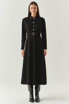 Exquise-Kemerli Gömlek Yaka Cepli Slim Fit Midi Siyah Örme Elbise-ELBİSE-2-Milagron.com