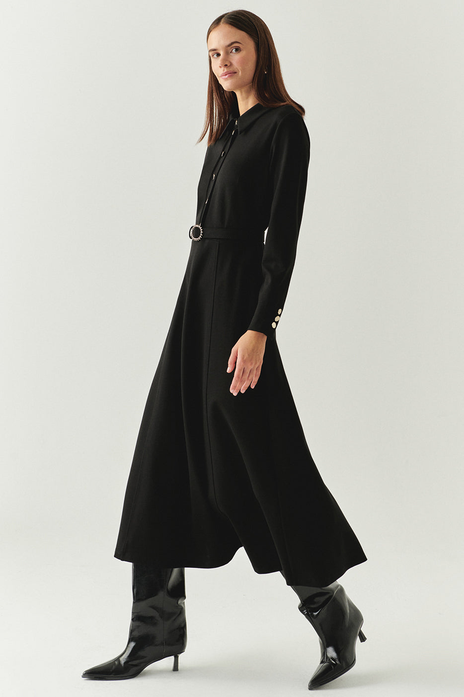 Exquise-Kemerli Gömlek Yaka Cepli Slim Fit Midi Siyah Örme Elbise-ELBİSE-3-Milagron.com