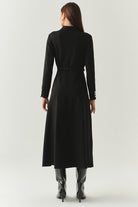 Exquise-Kemerli Gömlek Yaka Cepli Slim Fit Midi Siyah Örme Elbise-ELBİSE-4-Milagron.com