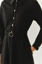 Exquise-Kemerli Gömlek Yaka Cepli Slim Fit Midi Siyah Örme Elbise-ELBİSE-5-Milagron.com