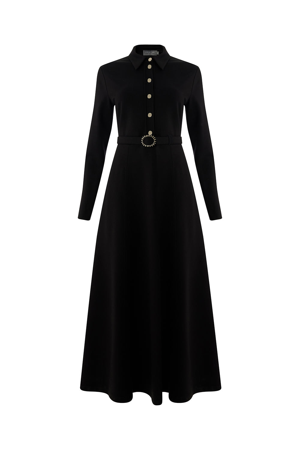 Exquise-Kemerli Gömlek Yaka Cepli Slim Fit Midi Siyah Örme Elbise-ELBİSE-7-Milagron.com