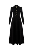 Exquise-Kemerli Gömlek Yaka Cepli Slim Fit Midi Siyah Örme Elbise-ELBİSE-7-Milagron.com