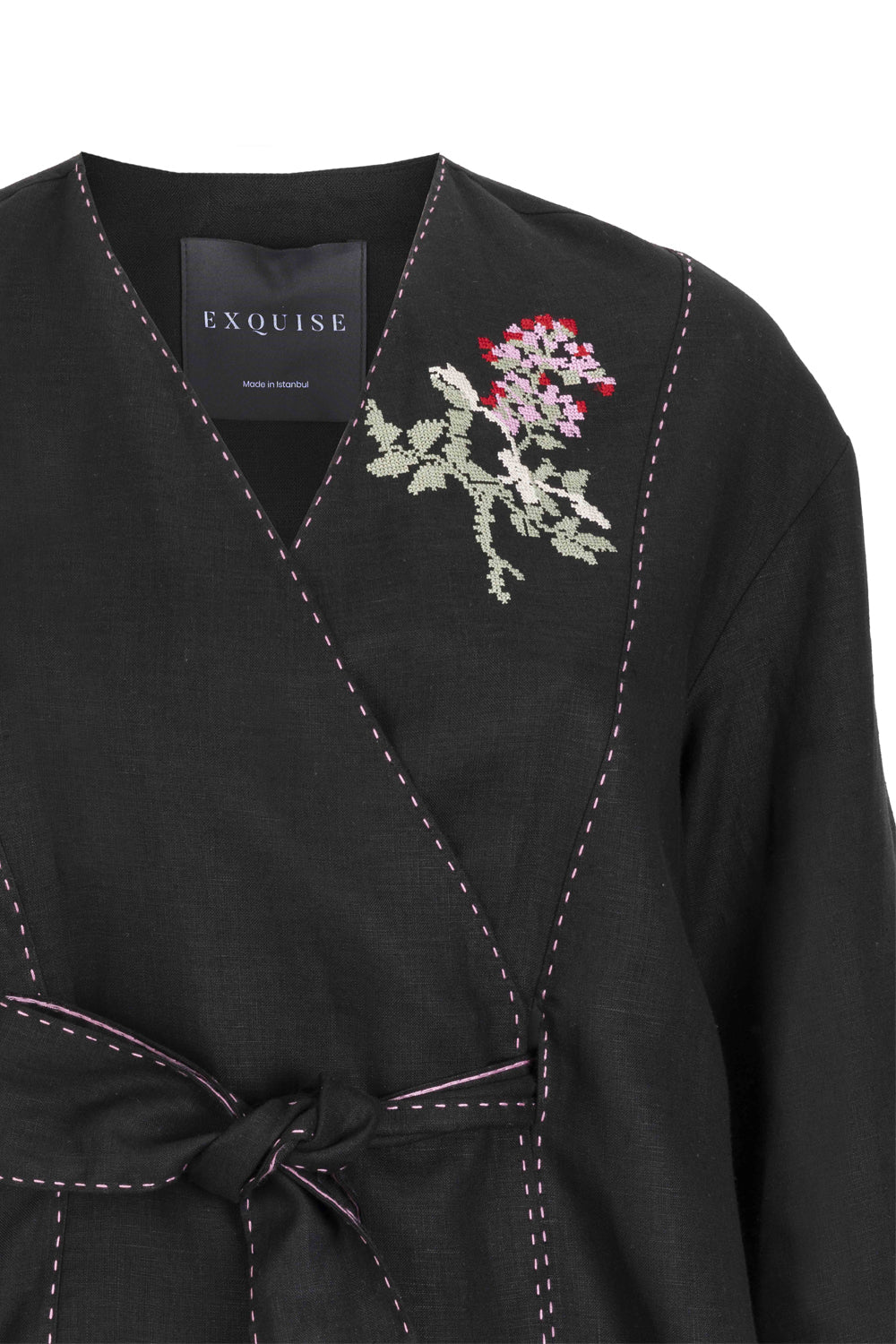 Exquise-Kendi Kumaşında Kemerli Nakış İşlemeli Rahat Kalıp Ceket-KİMONO-4-Milagron.com
