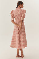 Exquise-Kırmızı çizgili Kemerli Balon Kol A Kesim Regular Midi Gömlek Elbise-ELBİSE-3-Milagron.com