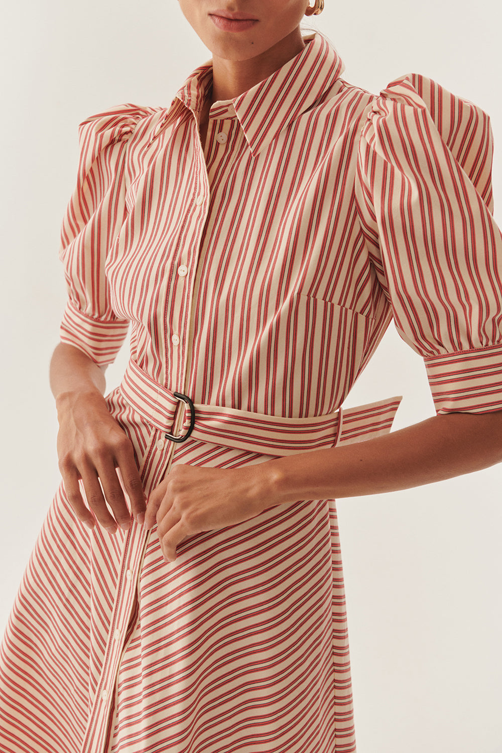 Exquise-Kırmızı çizgili Kemerli Balon Kol A Kesim Regular Midi Gömlek Elbise-ELBİSE-4-Milagron.com