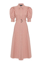 Exquise-Kırmızı çizgili Kemerli Balon Kol A Kesim Regular Midi Gömlek Elbise-ELBİSE-5-Milagron.com