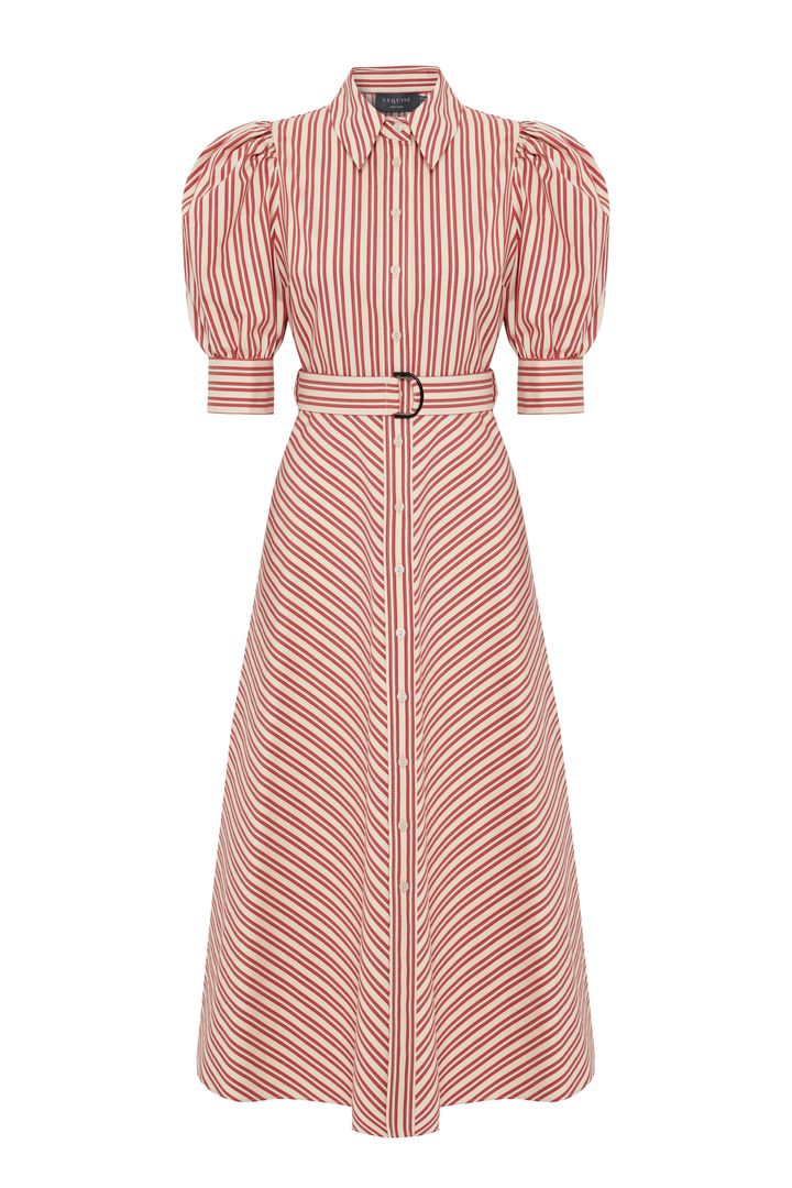 Exquise-Kırmızı çizgili Kemerli Balon Kol A Kesim Regular Midi Gömlek Elbise-ELBİSE-5-Milagron.com