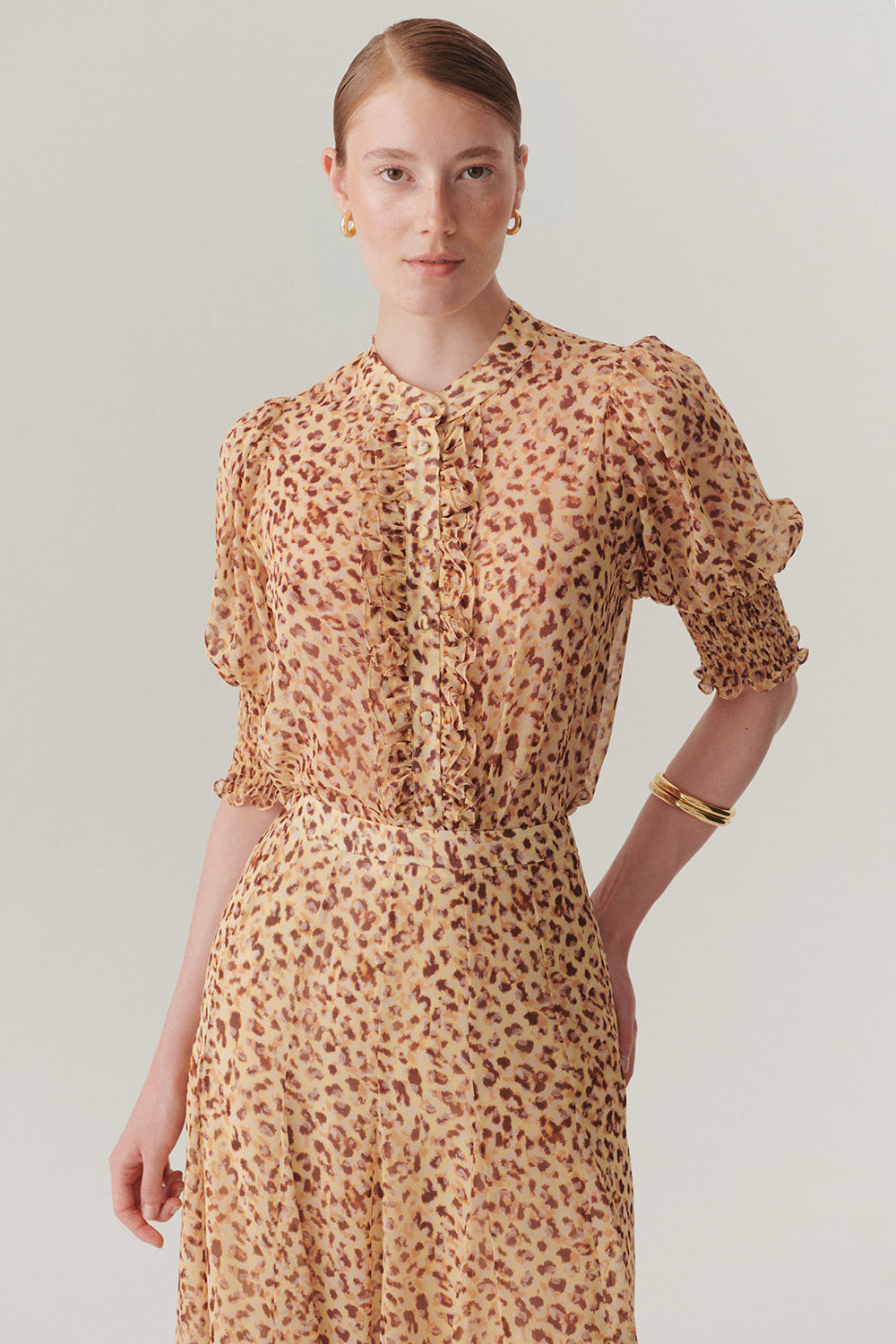 Exquise-Kısa Kol Fırfır Biye Detaylı Regular Fit Desenli şifon Gömlek-Gömlek-2-Milagron.com