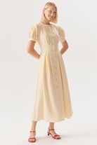 Exquise-Kısa Kol önden Düğmeli Bele Oturan Bej Elbise-ELBİSE-1-Milagron.com