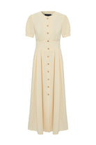 Exquise-Kısa Kol önden Düğmeli Bele Oturan Bej Elbise-ELBİSE-6-Milagron.com