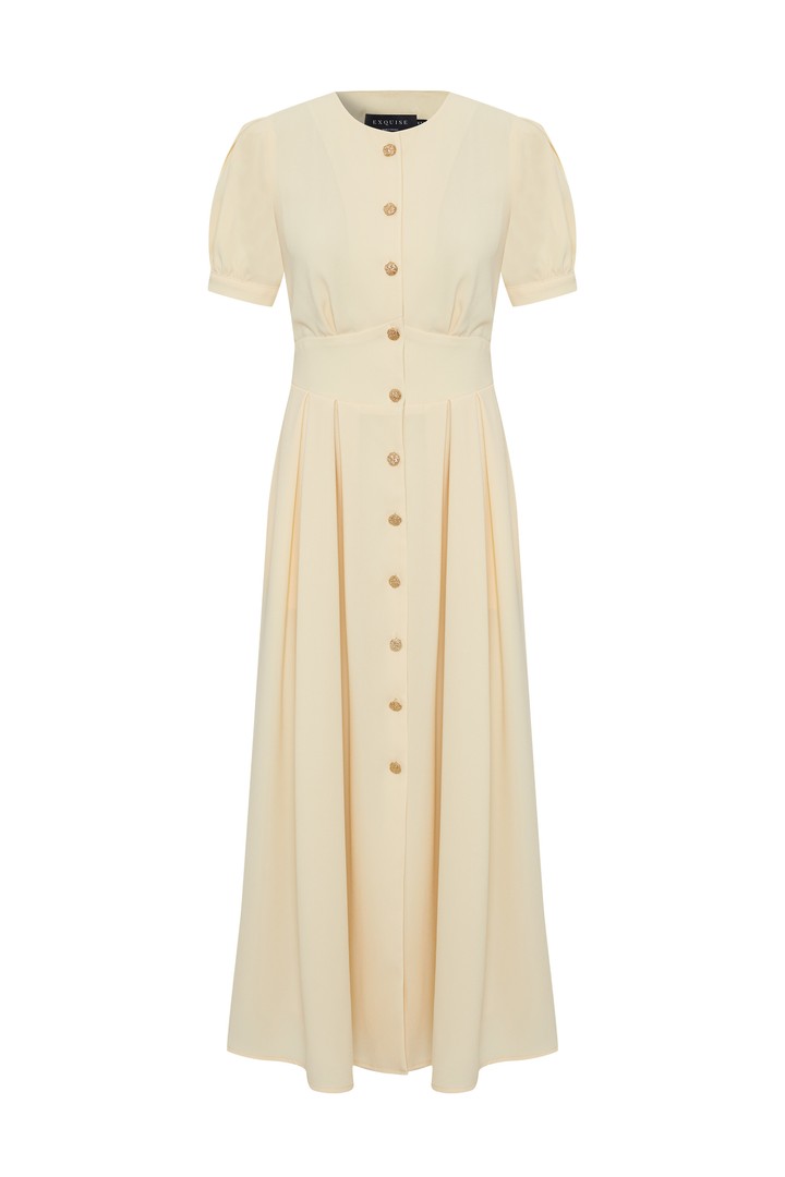 Exquise-Kısa Kol önden Düğmeli Bele Oturan Bej Elbise-ELBİSE-6-Milagron.com