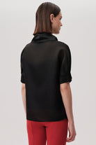 Exquise-Kısa Kollu Astarlı Boğazlı Dökümlü Yaka Regular Organze Siyah Bluz-BLUZ-2-Milagron.com