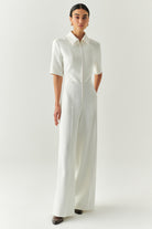 Exquise-Kısa Kollu Fermuarlı Slim Fit Gömlek Yaka Krem Tulum-TULUM-1-Milagron.com