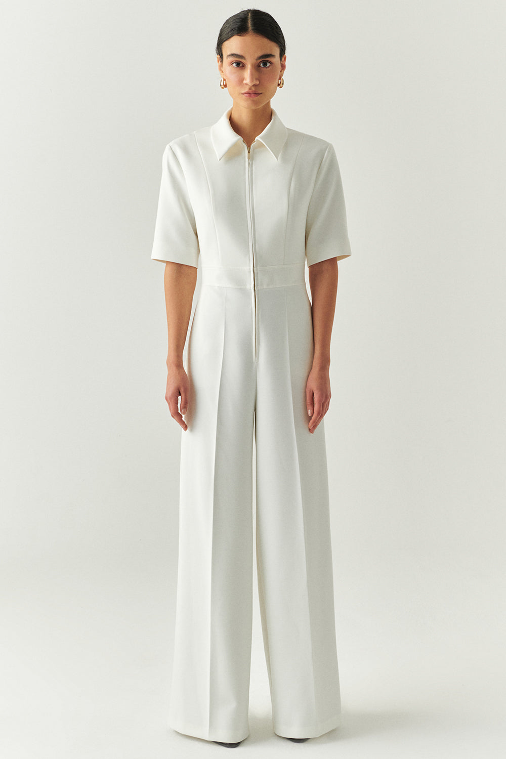 Exquise-Kısa Kollu Fermuarlı Slim Fit Gömlek Yaka Krem Tulum-TULUM-3-Milagron.com