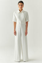 Exquise-Kısa Kollu Fermuarlı Slim Fit Gömlek Yaka Krem Tulum-TULUM-3-Milagron.com