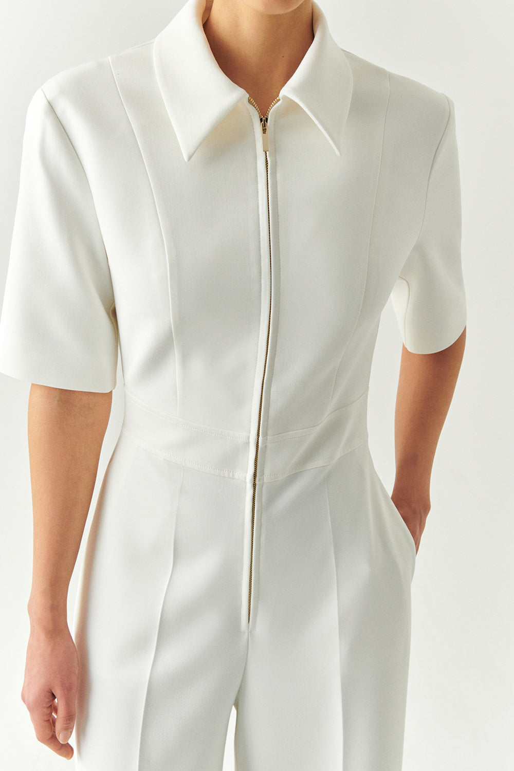 Exquise-Kısa Kollu Fermuarlı Slim Fit Gömlek Yaka Krem Tulum-TULUM-5-Milagron.com