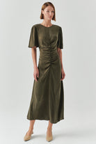 Exquise-Kısa Kollu Jakarlı Leopar Slim Fit Midi Haki Elbise-ELBİSE-1-Milagron.com