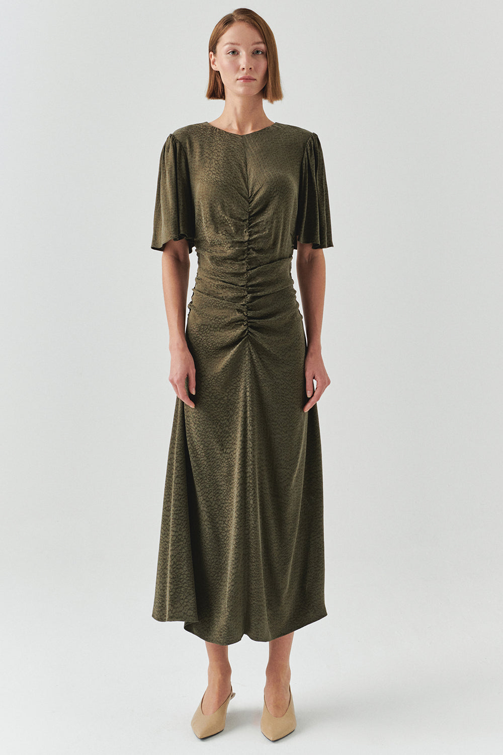 Exquise-Kısa Kollu Jakarlı Leopar Slim Fit Midi Haki Elbise-ELBİSE-2-Milagron.com