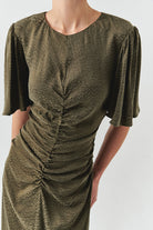 Exquise-Kısa Kollu Jakarlı Leopar Slim Fit Midi Haki Elbise-ELBİSE-4-Milagron.com