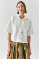 Exquise-Kısa Kollu Triko Garnili Poplin Regular Kemik Gömlek-GÖMLEK-1-Milagron.com