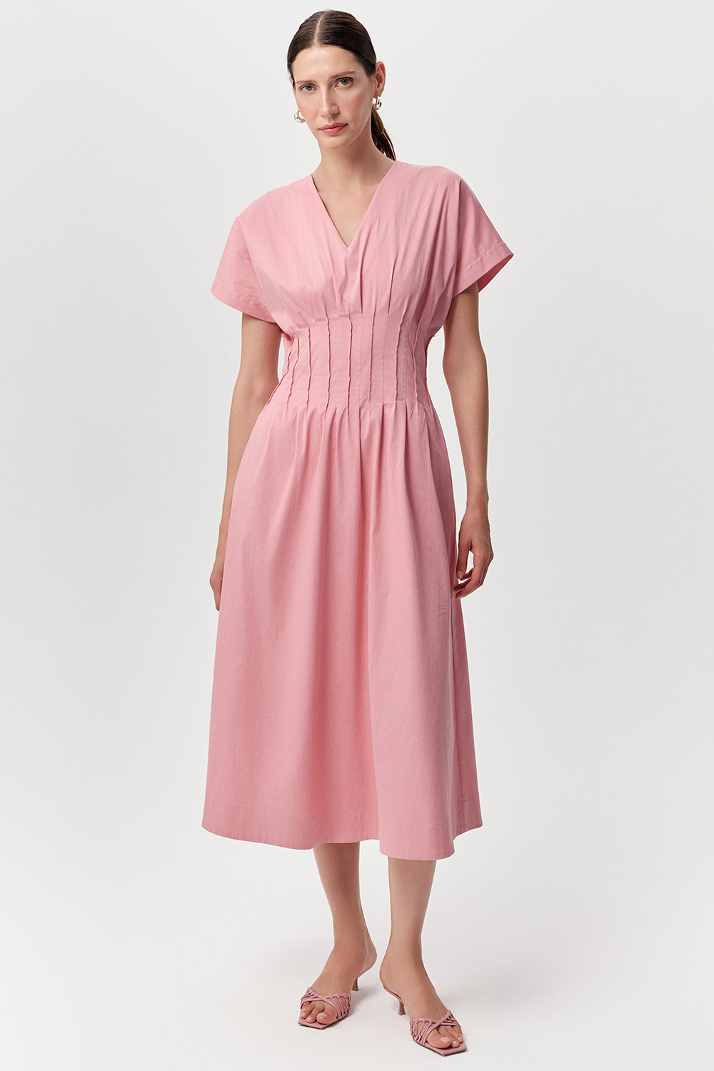 Kısa Kollu V Yaka Bele Oturan Cepli Slim Fit Midi Pembe Elbise