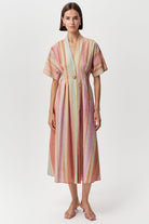 Kısa Kollu V Yaka Keten Karışımlı Regular Midi Çok Renkli Elbise