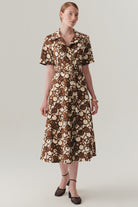 Exquise-Kısa Kollu önden Düğmeli Pamuklu Kumaş Desenli Elbise-ELBİSE-1-Milagron.com