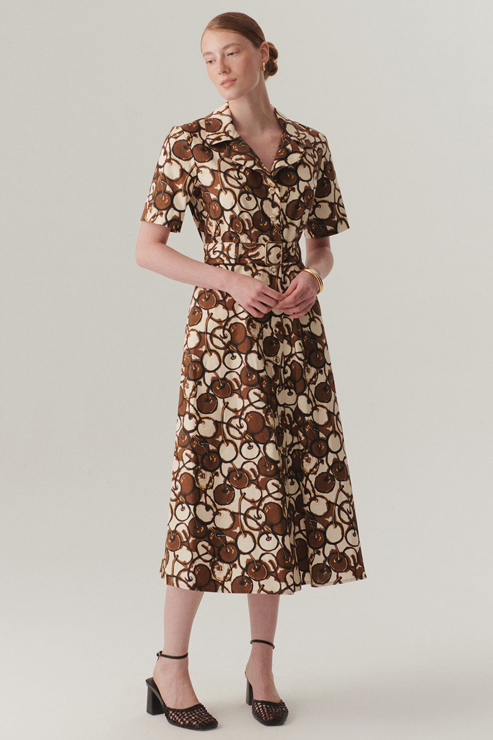 Exquise-Kısa Kollu önden Düğmeli Pamuklu Kumaş Desenli Elbise-ELBİSE-3-Milagron.com