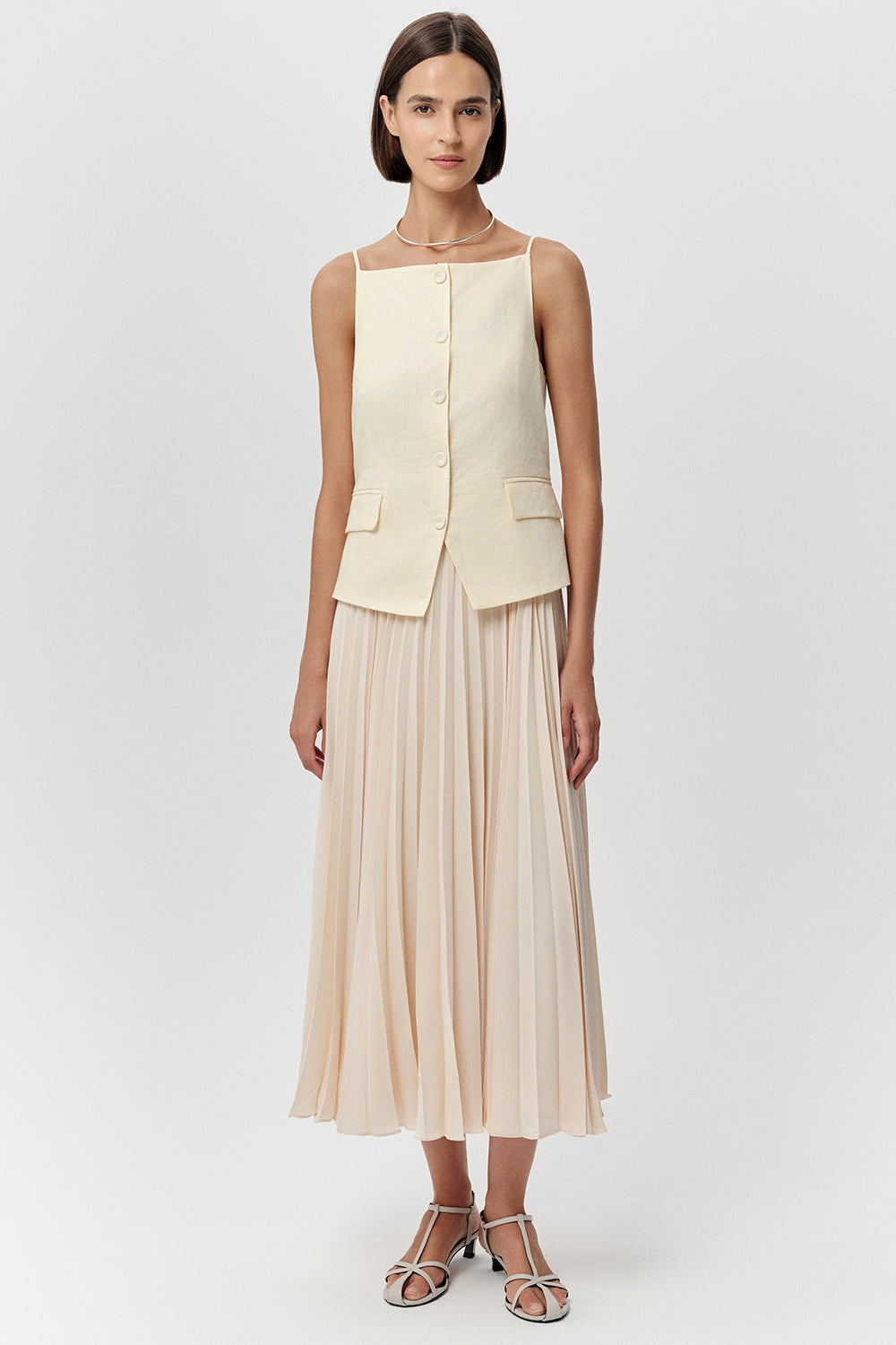 Kolsuz Pliseli Keten Garnili Regular Midi Tereyağı Elbise