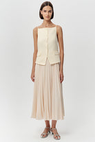 Kolsuz Pliseli Keten Garnili Regular Midi Tereyağı Elbise