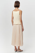 Kolsuz Pliseli Keten Garnili Regular Midi Tereyağı Elbise