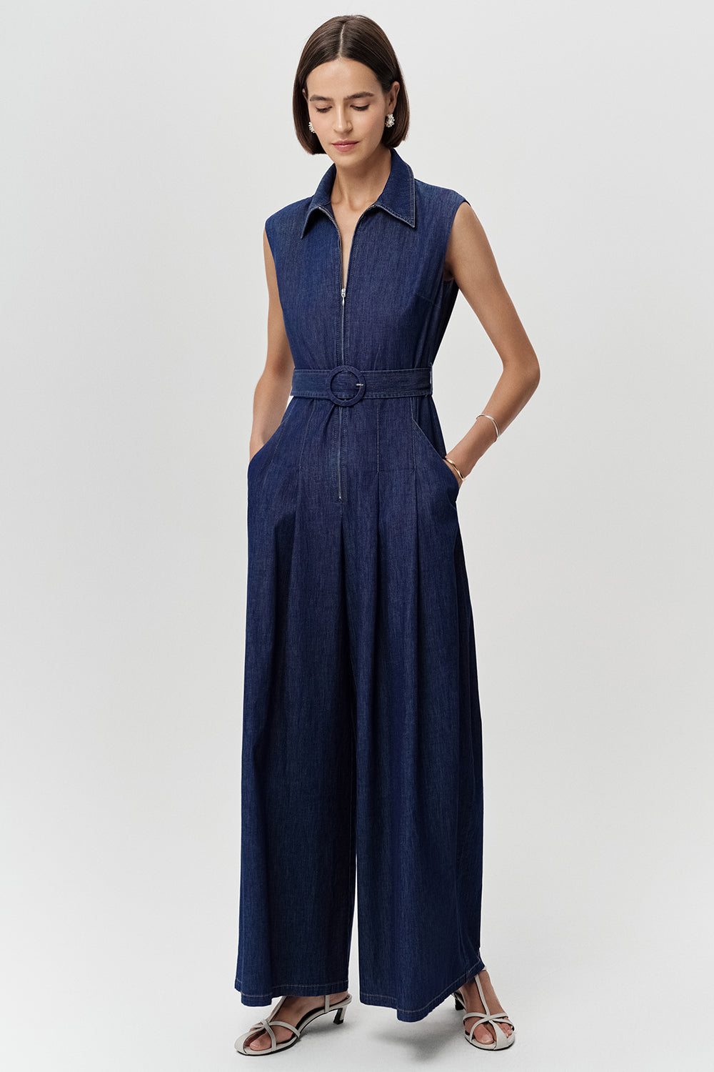 Kolsuz Yakası Fermuarlı Kemerli Cepli Regular Mavi Tulum