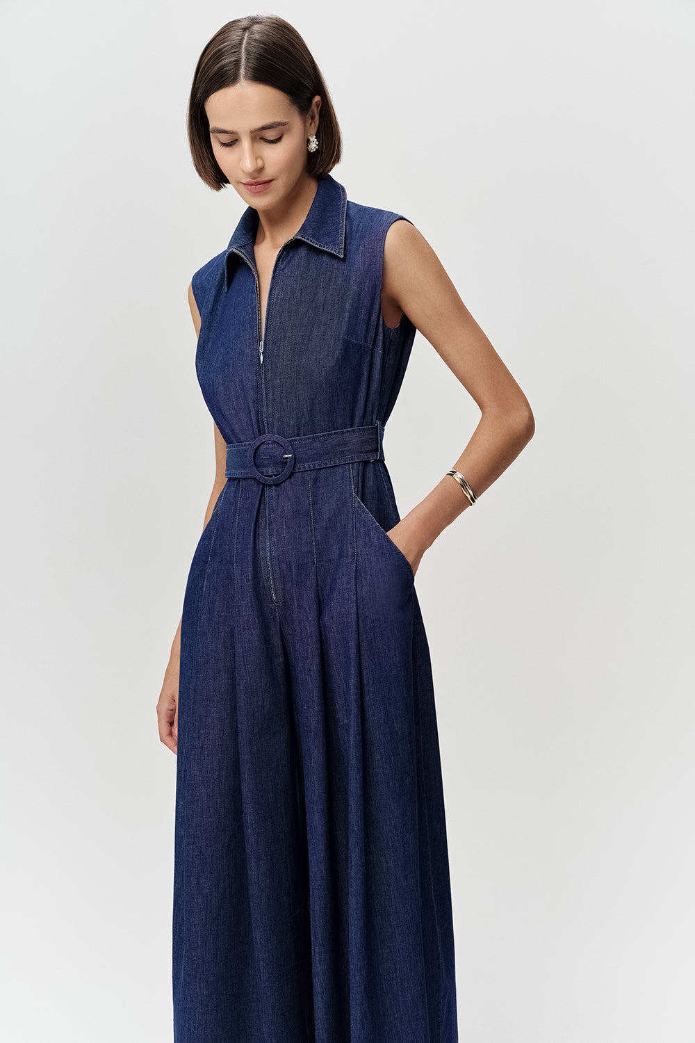 Kolsuz Yakası Fermuarlı Kemerli Cepli Regular Mavi Tulum