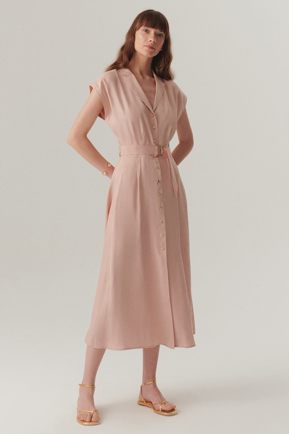 Exquise-Kolsuz önden Düğmeli Kemerli Modal Kumaş Midi Pembe Elbise-ELBİSE-2-Milagron.com