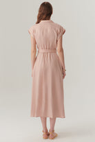 Exquise-Kolsuz önden Düğmeli Kemerli Modal Kumaş Midi Pembe Elbise-ELBİSE-5-Milagron.com