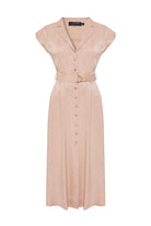 Exquise-Kolsuz önden Düğmeli Kemerli Modal Kumaş Midi Pembe Elbise-ELBİSE-6-Milagron.com