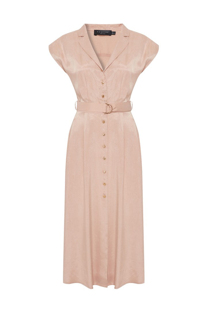 Exquise-Kolsuz önden Düğmeli Kemerli Modal Kumaş Midi Pembe Elbise-ELBİSE-6-Milagron.com