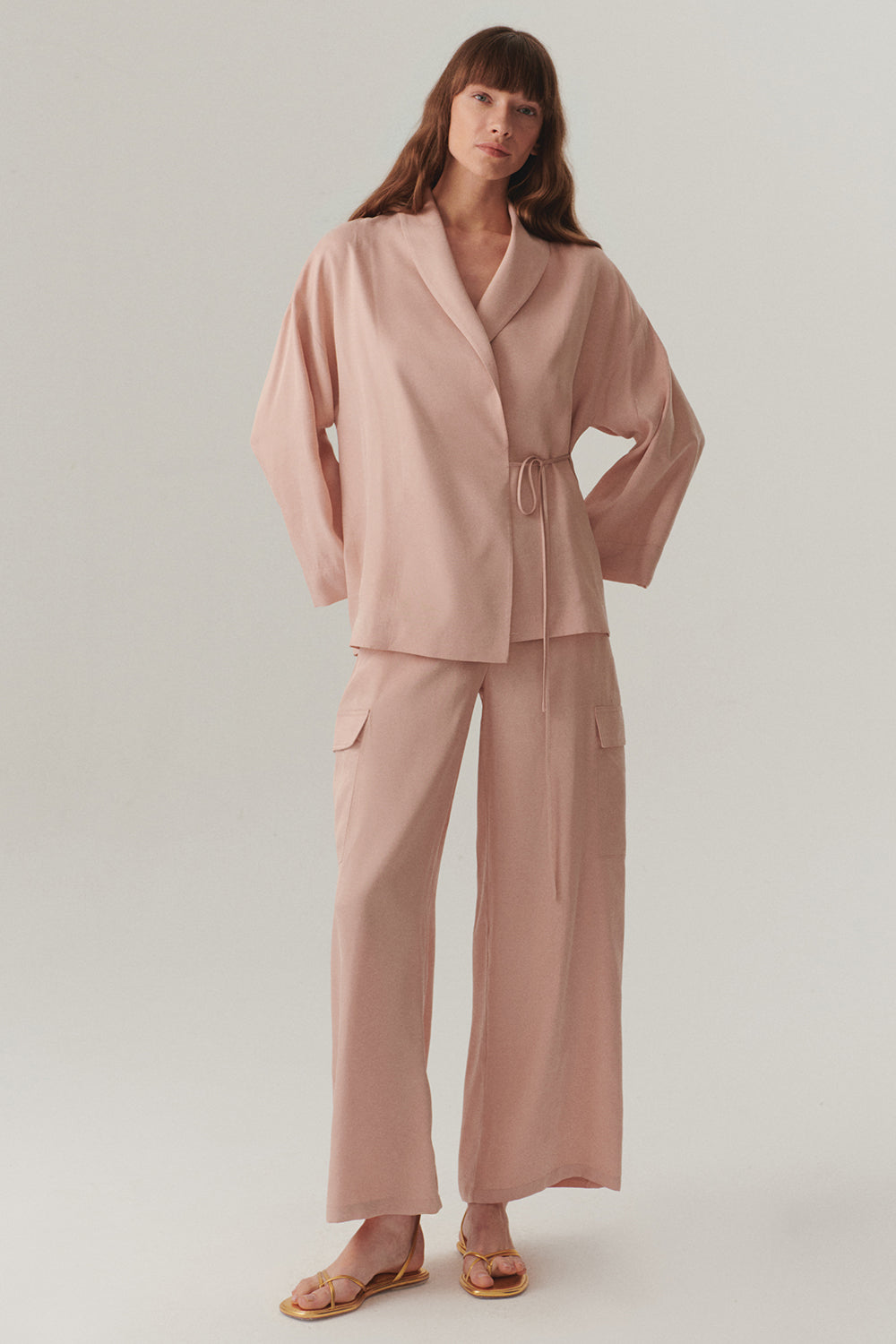 Exquise-Kruvaze Bağlama Kapamalı Rahat Kalıp Modal Kumaş Pudra Ceket-Ceket-4-Milagron.com