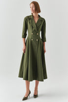 Exquise-Kruvaze Kesim Gold Düğmeli Regular Haki Midi Elbise-ELBİSE-1-Milagron.com