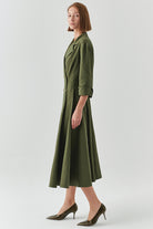 Exquise-Kruvaze Kesim Gold Düğmeli Regular Haki Midi Elbise-ELBİSE-3-Milagron.com