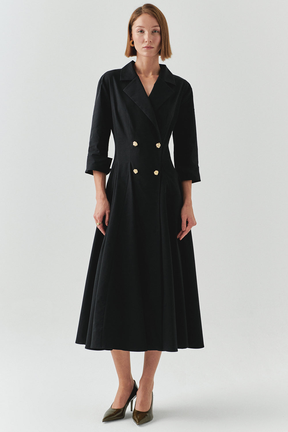 Exquise-Kruvaze Kesim Gold Düğmeli Regular Siyah Midi Elbise-ELBİSE-1-Milagron.com